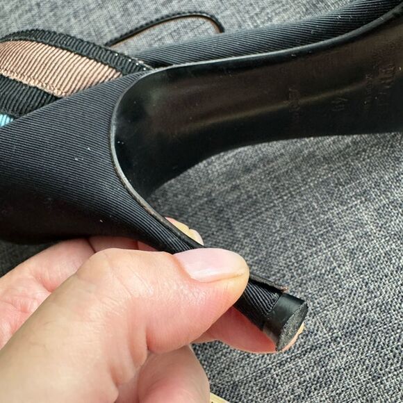 Prada Blue, Black, and Brown Grosgrain Striped Ankle Strap Heels with Bow Sz 40 - Picture 12 of 16